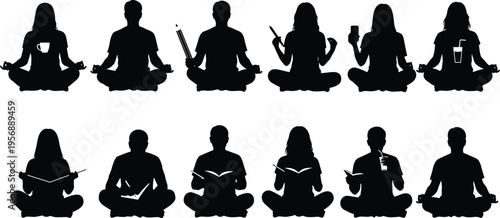Meditation silhouettes with daily activities, people sitting lotus pose reading, drinking, using phone, mindfulness lifestyle, black and white vector illustration set