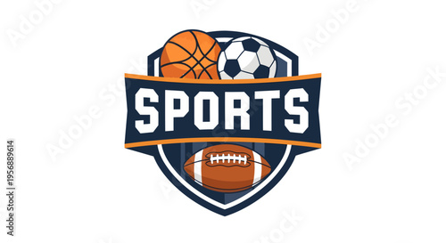Dynamic Sports Emblem with Basketball, Soccer Ball, and Football Illustration.