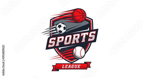 Dynamic Sports League Emblem with Basketball, Soccer, and Baseball Elements.