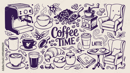 Coffee Time typography and doodles, hand-drawn coffee shop elements, rustic line art café icons, vintage coffee sketch, cozy morning routine, barista tools and beans, coffee culture illustration
