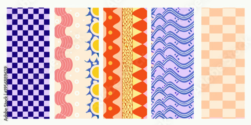 A collection of colorful vertically oriented patterned fabric swatches