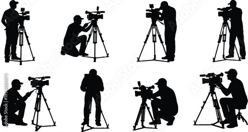 Cameraman silhouettes filming with video cameras, professional videography poses, media production crew, black and white vector illustration set design