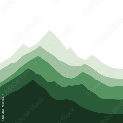 Layered green mountains ascend against a white sky with soft gradients