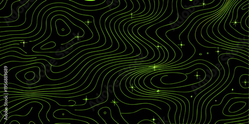 Abstract topographic map with glowing green lines and scattered starbursts