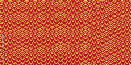 Intricate red and gold pattern resembling fish scales or waves
