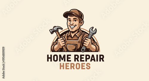 Home Repair Heroes Logo Featuring a Friendly Handyman Character.