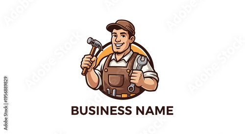 Illustration of a friendly handyman holding tools for repair.