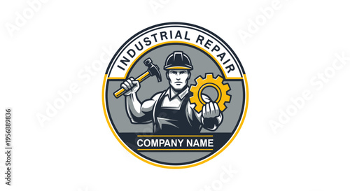 Industrial Repair Company Logo with Mechanic Holding Hammer and Gear.