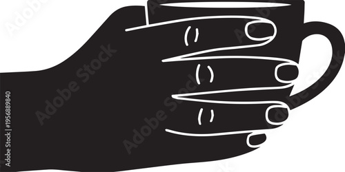 A minimalist black and white graphic illustration of a hand firmly holding a hot coffee mug cup