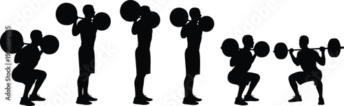Weightlifting squat exercise silhouettes, barbell training sequence, strength workout poses, fitness gym activity, black and white vector illustration set