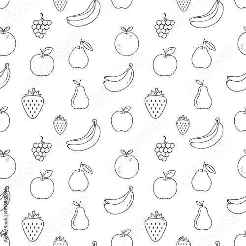 Whimsical line art pattern featuring assorted fruits on a white background