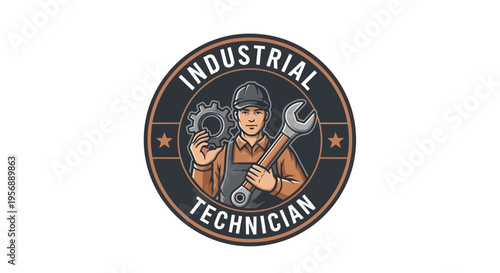 Industrial Technician Holding Tools and Gears Emblem.