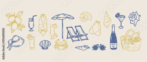 Summer beach items sketches, vacation symbols, sun and deck chair drawings, palm tree and sand art, coastal-themed elements, travel and leisure icons, sun-inspired patterns.
