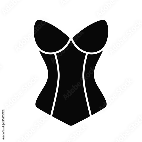 A minimalist black silhouette graphic of a structured female corset top with a sweetheart neckline isolated on white background, Vector, illustration