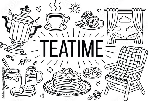 Tea time illustration set, teapot cup dessert cookies chair window doodle, cozy morning breakfast concept, hand drawn line art elements collection