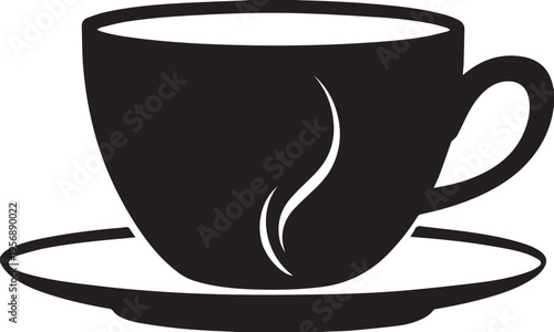 A minimalist black and white vector illustration of a steaming hot cup of coffee on a small saucer