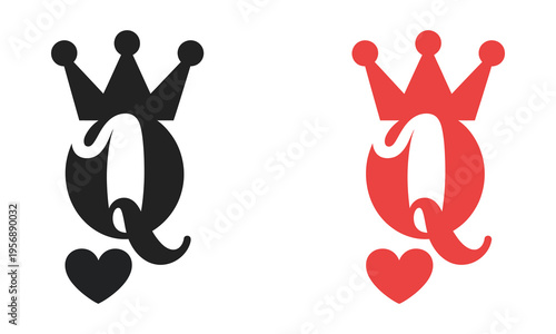 Queen of Hearts Card Icon, vector illustration of two stylized queen playing cards in black and red, featuring crown, letter Q, and heart suit, card game and casino concept.