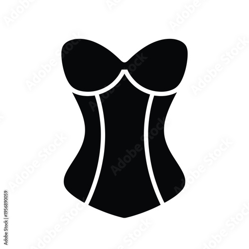 A black silhouette of a classic corset garment featuring a structured bodice and curved neckline isolated on white background, Vector, illustration