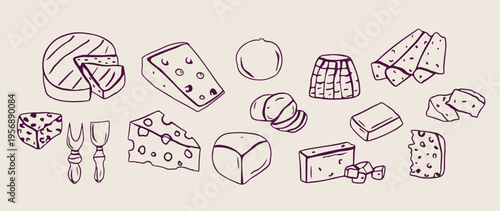 Cheese assortment sketches, dairy product drawings, food icons, kitchen elements illustrations, cheese-themed symbols, cafe menu elements, cheese platter art.
