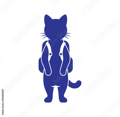 Blue cat wearing backpack standing on two legs  cute animal illustration