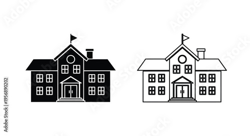 Two black and white line drawings of a simple house with a flag