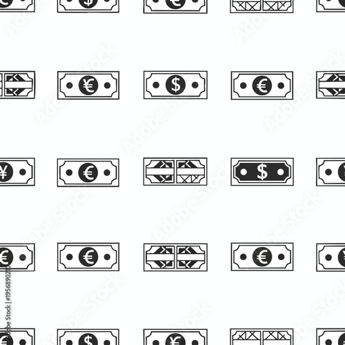 Seamless pattern of black and white banknote icons with various currency symbols