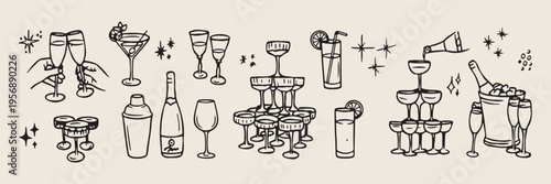 Champagne glasses sketches, drinks and beverage drawings, celebration icons, party elements illustrations, toast and drink symbols, event-themed art, beverage-themed illustrations.

