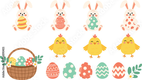 Cute Easter Bunny and Chick Set with Decorated Eggs, Basket, and Spring Elements for Holiday Illustration, Kids Design, and Festive Celebration Concepts