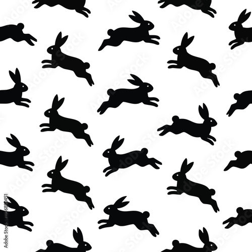 Black silhouettes of jumping rabbits repeat across a white background