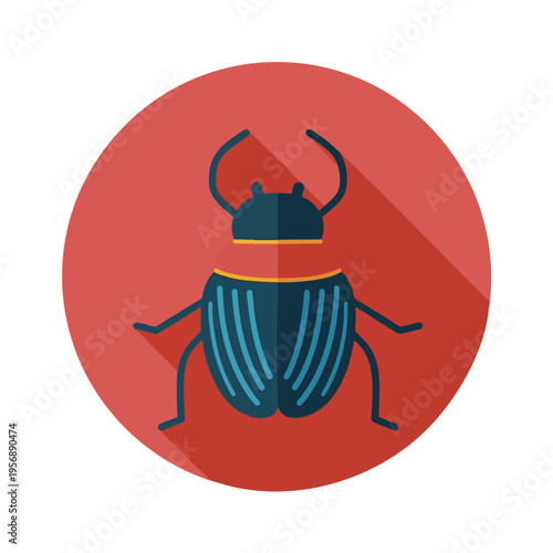 Flat icon of a blue scarab beetle with long horns on a red circle