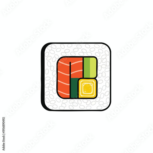 A stylized sushi roll featuring salmon, avocado, and tamago on a white background