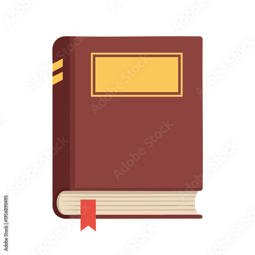 A closed, hardbound book with a brown cover, yellow  box, and red bookmark