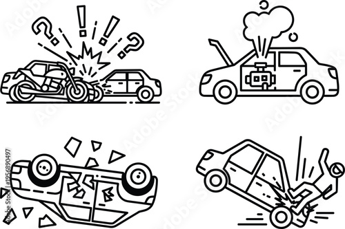 Car accident and breakdown icons set, vehicle crash scenarios, damaged auto illustration, road safety concept, black and white line vector design