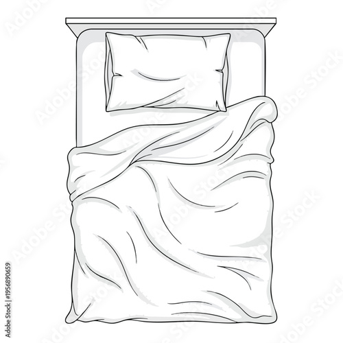 A top-down view of a neatly made bed with a white pillow and rumpled white sheets