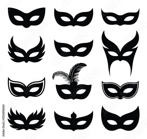 Collection of Black Masquerade Masks on White Background