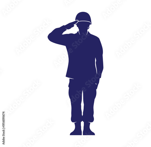 Blue silhouette of a man saluting in a hard hat standing on white background