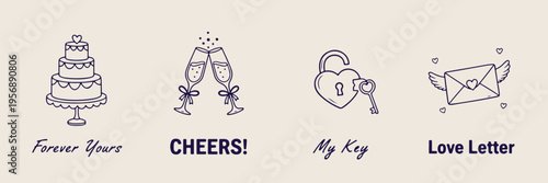 Cheers love lock, romantic celebration doodles, wedding toast icons, anniversary party sketches, love key illustration, romantic holiday doodles, togetherness celebration symbols.
