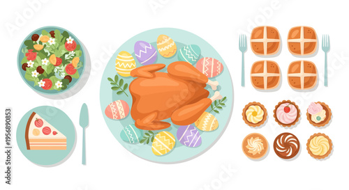 Easter dinner feast with roasted chicken colorful eggs hot cross buns and desserts flat vector illustration