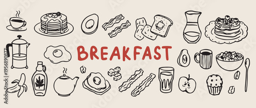 Healthy morning breakfast, fresh food doodles, morning meal sketches, cafe breakfast icons, breakfast menu illustration, daily routine food, organic breakfast symbols.
