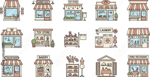 Cute Hand Drawn Storefront Illustration Set with Small Business Shops, Bakery, Grocery, Cafe, Barber, Pharmacy, and Boutique Buildings