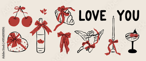 Love cupid romance, valentine celebration doodles, romantic heart sketches, wedding anniversary icons, romantic arrow doodles, togetherness love symbols, happy holiday illustration.
