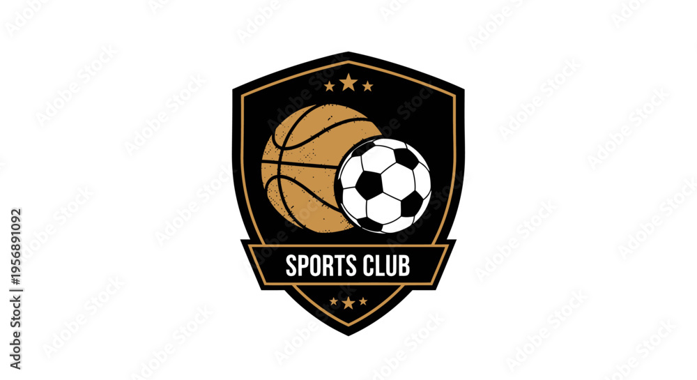 Naklejka premium Sports Club Emblem Featuring Basketball and Soccer Ball.