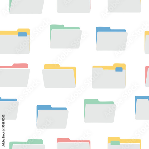 Seamless pattern of minimalist grey folders with colored tabs on white