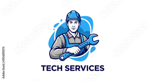 Skilled technician in hard hat holding wrench for tech services logo.