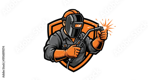 Skilled Welder in Protective Gear with Welding Torch and Sparks.