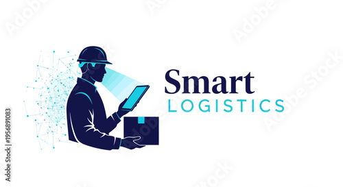Smart Logistics Delivery Man with Digital Tablet and Package.