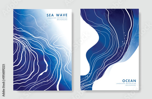 Japanese sea wave Card set vector. Poster design with watercolor blue ocean wave pattern backdrop. Modern illustration for cover, banner, website, decor, interior.