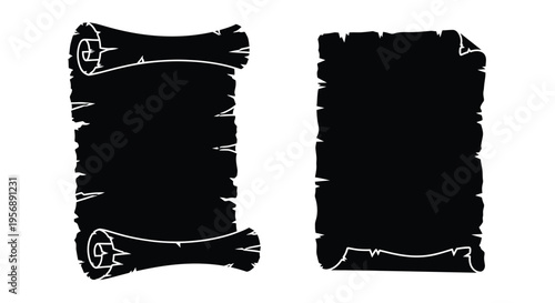 Two weathered scroll illustrations with ornate borders against a white background