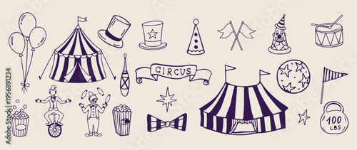 Vintage circus tent, carnival fun icons, circus show doodles, magic performance sketches, festival celebration icons, circus theme illustration, fun fair elements.
