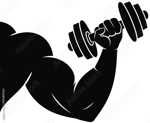 A muscular arm holding a heavy dumbbell depicting strength and intensive physical fitness training isolated on white background, Vector, illustration